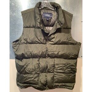 Lands' End 80% Goose Down Puffer Vest Satin Olive Large 42-44 Snap-Up Mock Neck